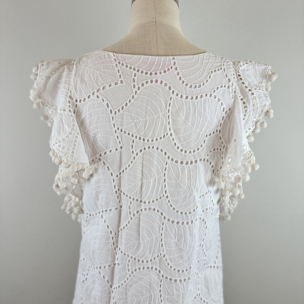 Lilly Pulitzer Blouse Astara Palm Tree Eyelet Ruffle Pom Pom Top White XS Preppy - Picture 6 of 10